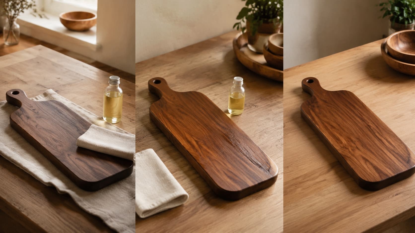 Three-stage wood care sequence showing a clean board, clear oil and a conditioned board