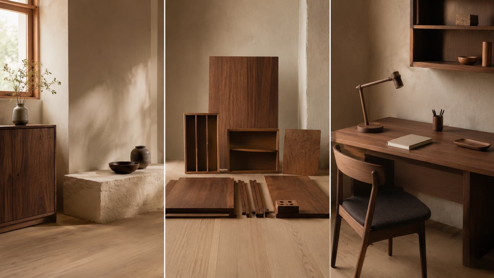 Three scenes showing an empty corner becoming a finished no-install wood setting