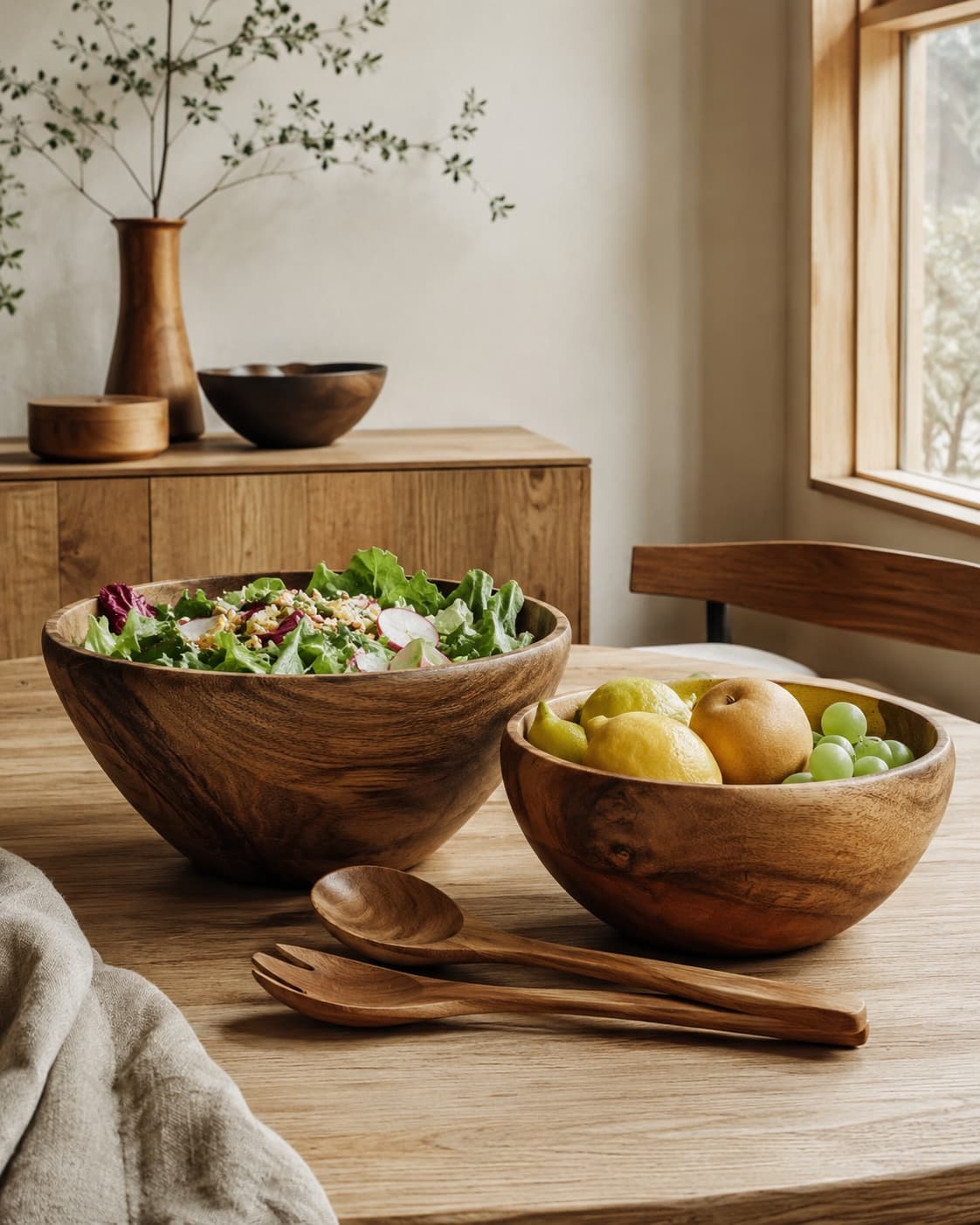 Pair of smooth solid wood bowls with fruit and salad