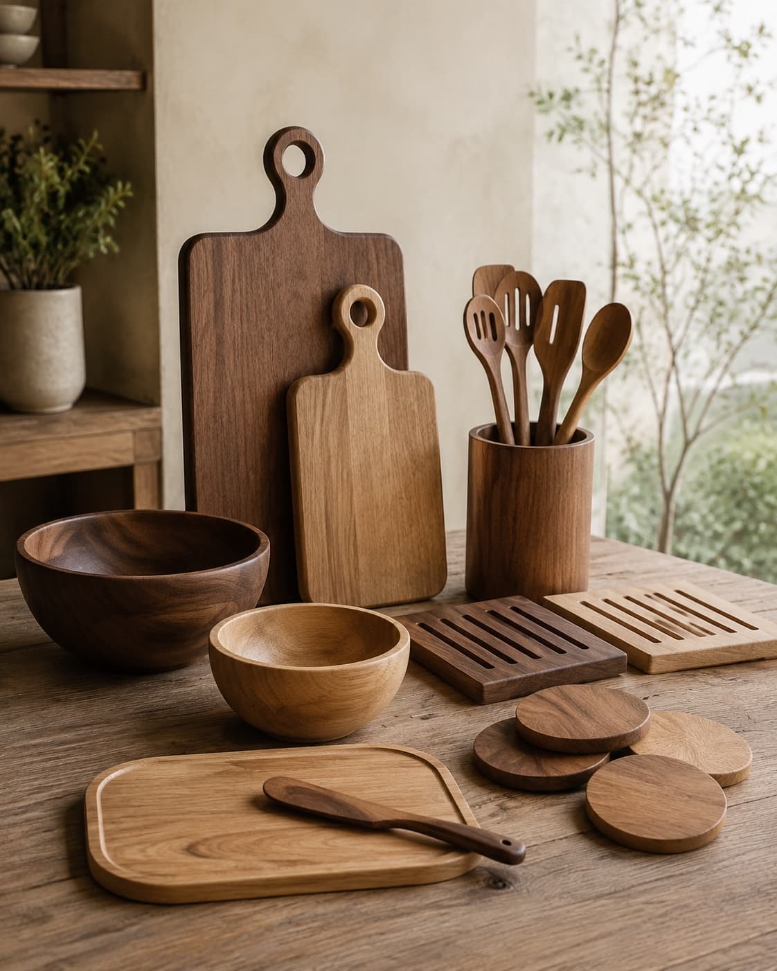 Complete solid wood kitchen set arranged in a bright dining scene
