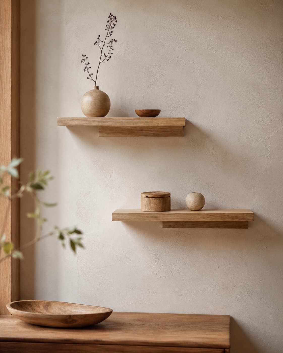 All included pieces in the Stick-On Wood Shelf Set