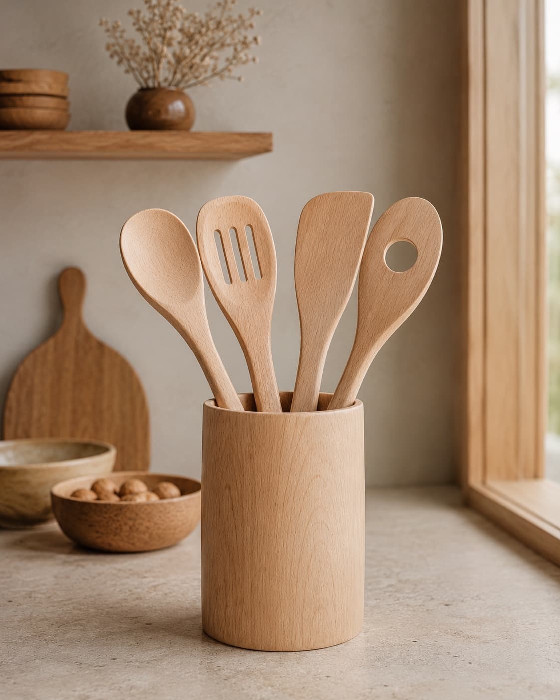 Five wooden cooking utensils standing in a matching wooden holder