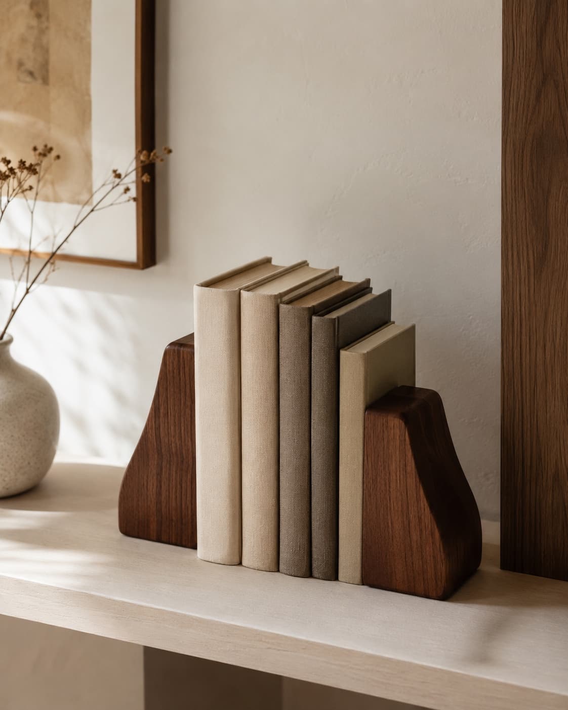 Weighted wooden bookends holding a short row of unbranded books