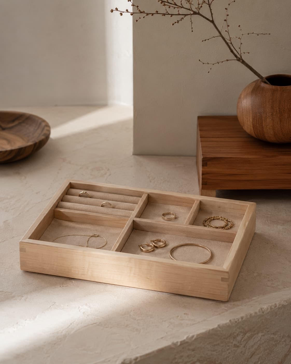 Sectioned wooden jewellery tray holding unbranded everyday trinkets